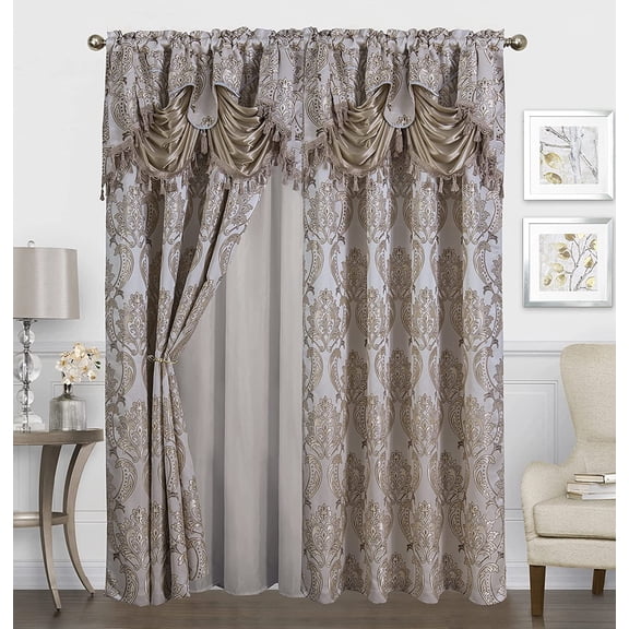 Traditional Jacquard Curtain Drape Set 2 Panels 95 Inch Long, Includes attached Valance, Sheer Backing, 2 Tassels, Damask Floral Pattern Drape for Living and dining rooms, 647-95, Taupe Light Brown