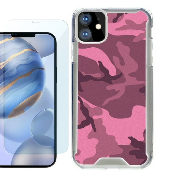 For Apple iPhone 12 Case, iPhone 12 Pro Case, Hybrid Bumper Phone case, with Tempered Glass Screen Protector, by OneToughShield ® - Camo Pink