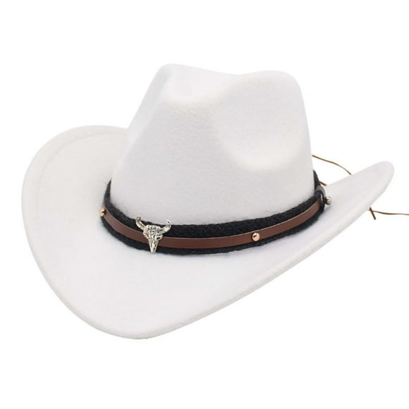 Fgnfyis Western Cowboy Style Hat Jazz Bowler Hat Cow Head Decoration Ethnic Style Hat Cowboy Hats White M