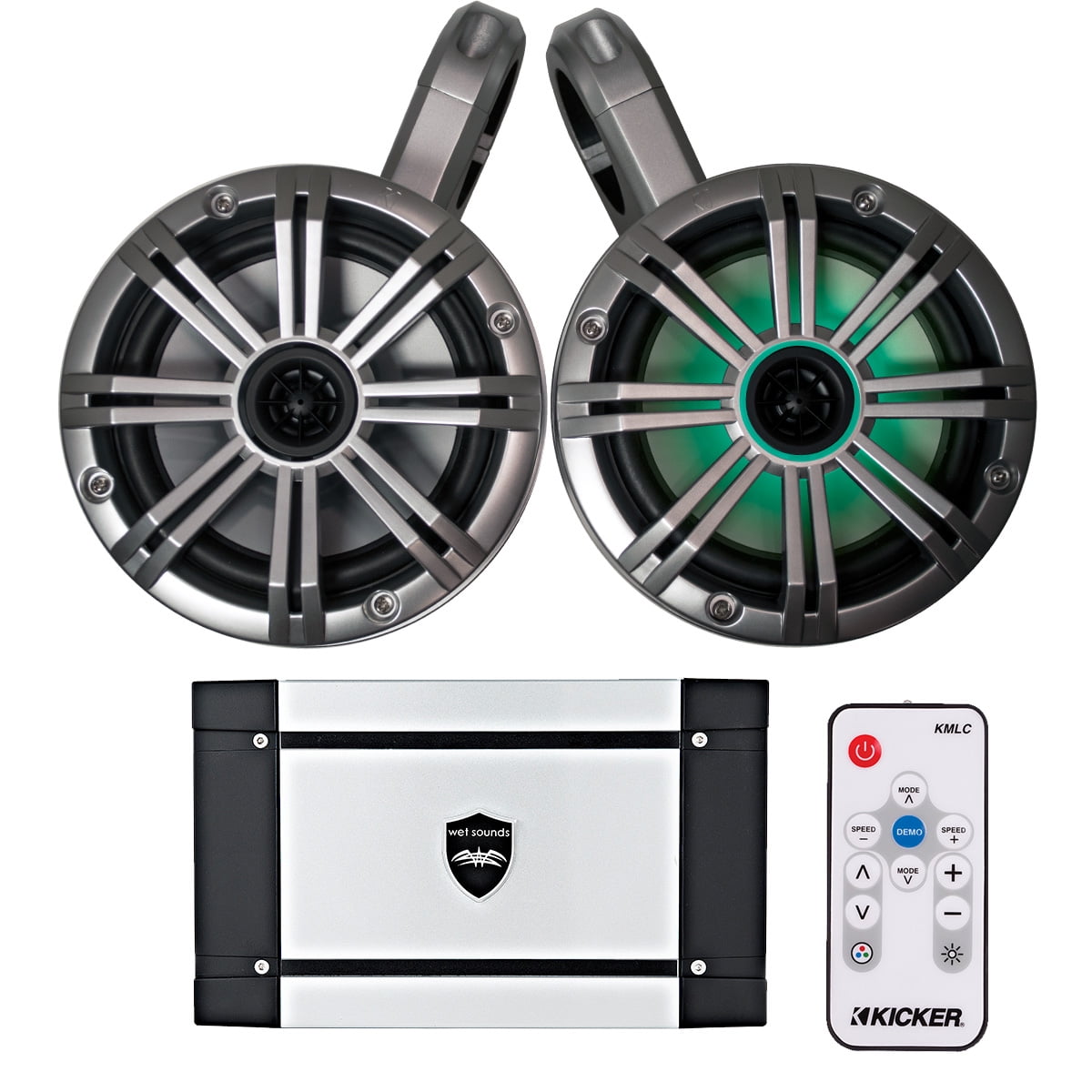 Kicker Marine Wake Tower System w/ Silver 6.5 LED Speakers, LED Remote