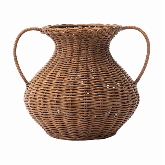 KUNPENG 11.8" Handwoven Imitation Rattan Vase Dual Handles Faux Floral Pot Holder for Artificial Arrangement Centerpiece Modern Boho Farmhouse Home Decorative Objects Desktop Decor Ornament