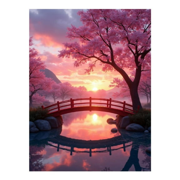 Diamond Art Kit for Adults, Cherry Blossom Sunset Serenity Bridge Diamond Painting for Adults Beginners, DIY Diamond Art Painting Kits, 5D Diamond Painting Crafts for Home Decor 12x16 Frameless