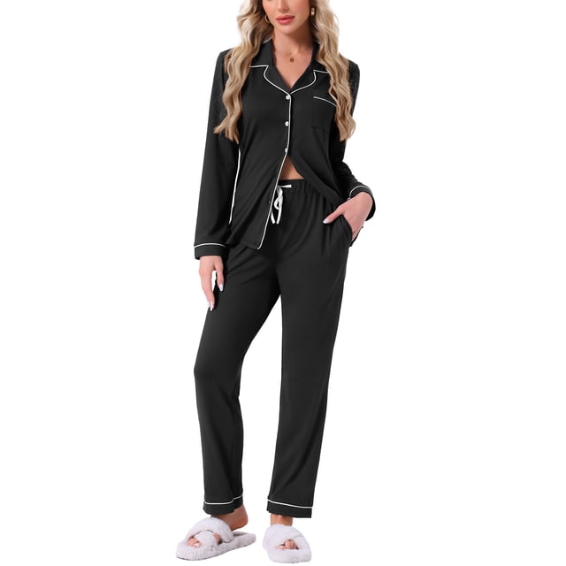 Conjunto de pijamas para mujer INSPIRE CHIC de manga larga, con botones, cuello de muesca, ropa de casa y pantalones con cordón y bolsillos M Negro