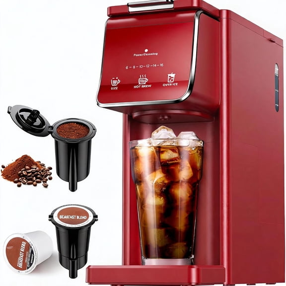 Single Serve Coffee Maker for K Cup and Ground Coffee Hot and Iced 6 to 16 oz Sizes 40 oz Water Tank Reusable Filter Compact Red