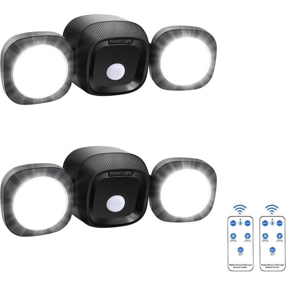 Lumières Extérieures à Capteur de Mouvement à Piles, Lot de 2 - Projecteurs DEL Sans Fil avec Télécommande, Lumière de Sécurité Activée par le Mouvement Wat