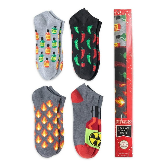 Men's Low Cut Socks, Hot Sauce Mystery Gift Box, 4-Pack, Size 6.5-12