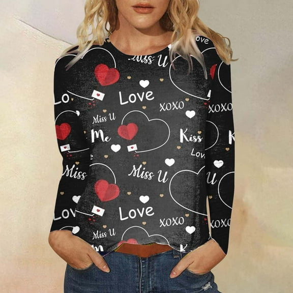 hcuribad Valentine's Shirts for Women Womens Shirts t Shirts for Women Women's Able Round Neck Long Sleeve Valentine's Day Love Print Top t Shirt Beige L