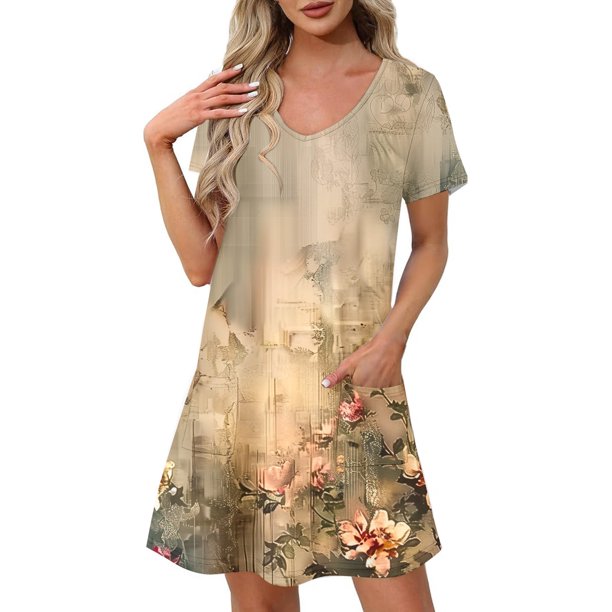 Vestido Corto de Verano Moda Gradiente Corto de Manga en V Cuello Vestido Casual, Poliéster Ligero de Verano, Lavado de Manos