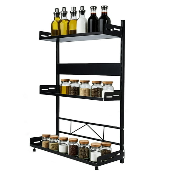 HOONGKAI Spice Rack, 3 Tier Height-Adjustable Spice Organization Countertop, Iron Kitchen Seasoning Organizer for Cabinet, Black