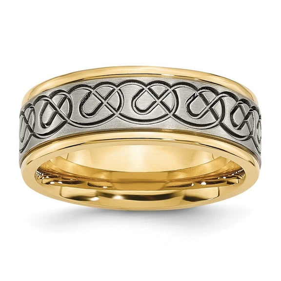 Titanium 8mm Scroll Design Yellow Ip-plated Grooved Edge Brushed Polished B Ring - Size 8.5