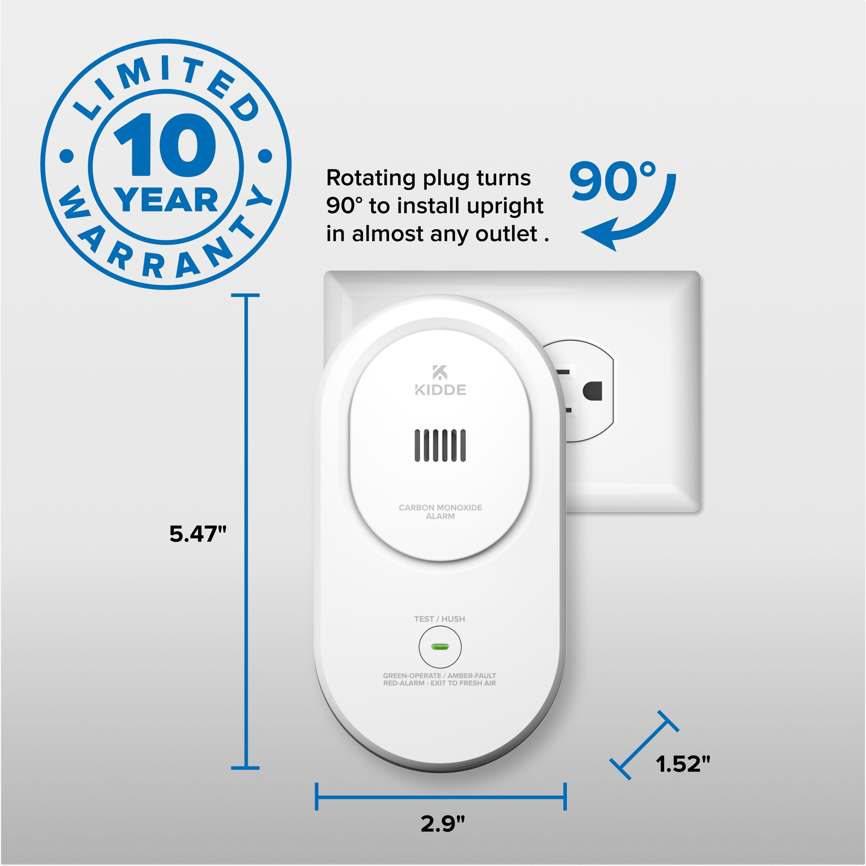 Kidde Carbon Monoxide Detector, Plug-In with AA Battery Backup, Rotating Plug, 85 dB Alarm, COP