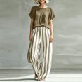 thumbnail image 2 of Womens Casual 2 Piece Outfit Round Neck Solid Tee Striped Pocket Elastic Waist Loose Long Pants Khaki XXL(XXL), 2 of 6
