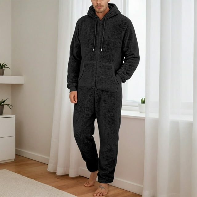 Timegard Mens Rompers Plus Size Winter Drawstring Hoodies Homewear Zip up Warm Comfy Jumpsuit with Pockets