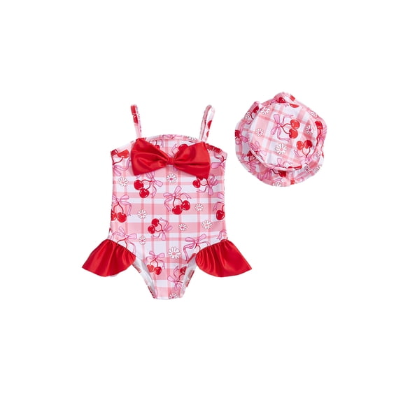 BemeyourBBs Toddler Baby Girl Swimsuit Infant Bathing Suit One-piece Swimsuits With Sun Hat Set Front Bow Rash Guard Spaghetti Strap Swimwear Summer Beach Wear
