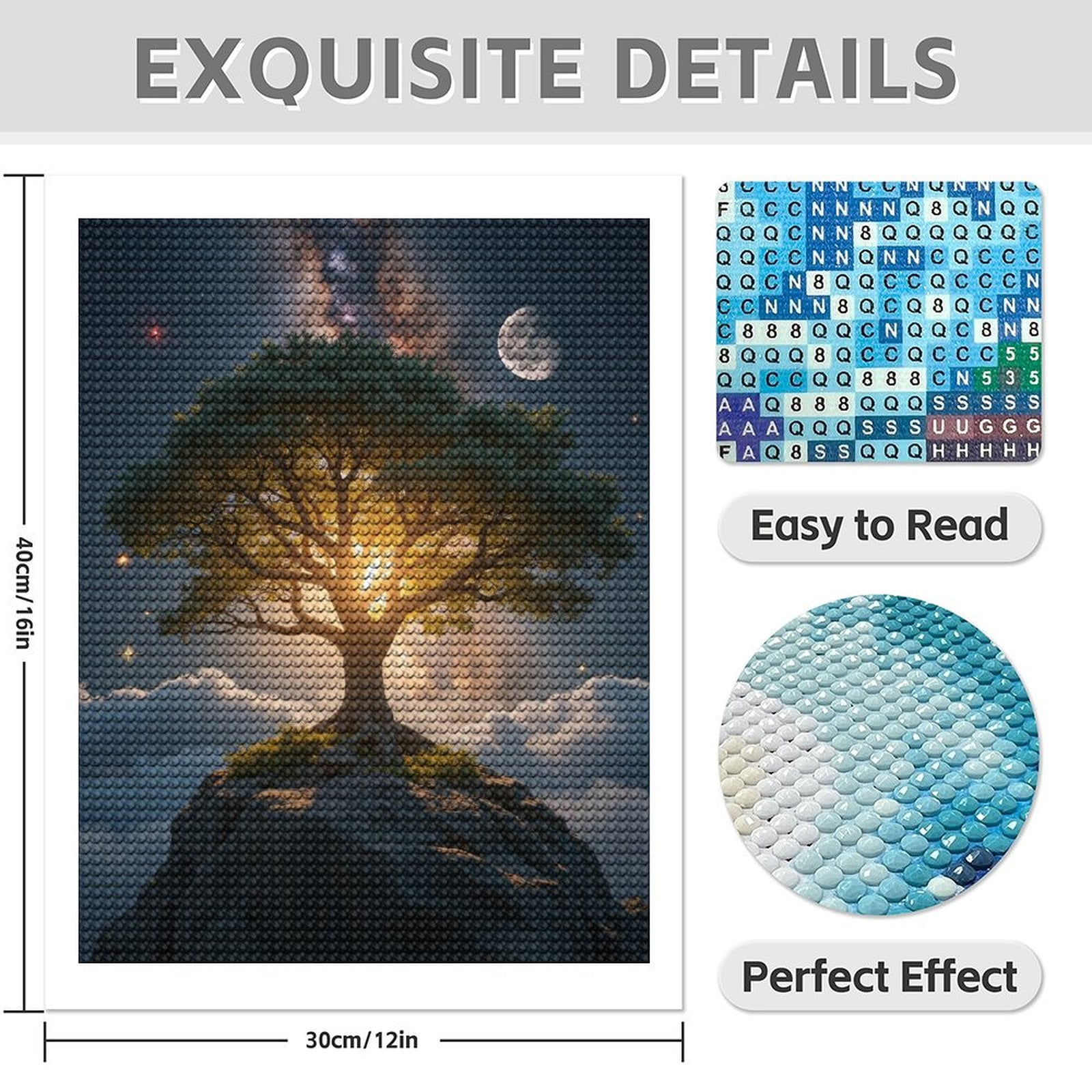 Diamond Art Kit for Adults, Tree Moon Stars Rock Night Sky Diamond Painting for Adults Beginners, DIY Diamond Art Painting Kits, 5D Diamond Painting Crafts for Home Decor 12x16 Frameless