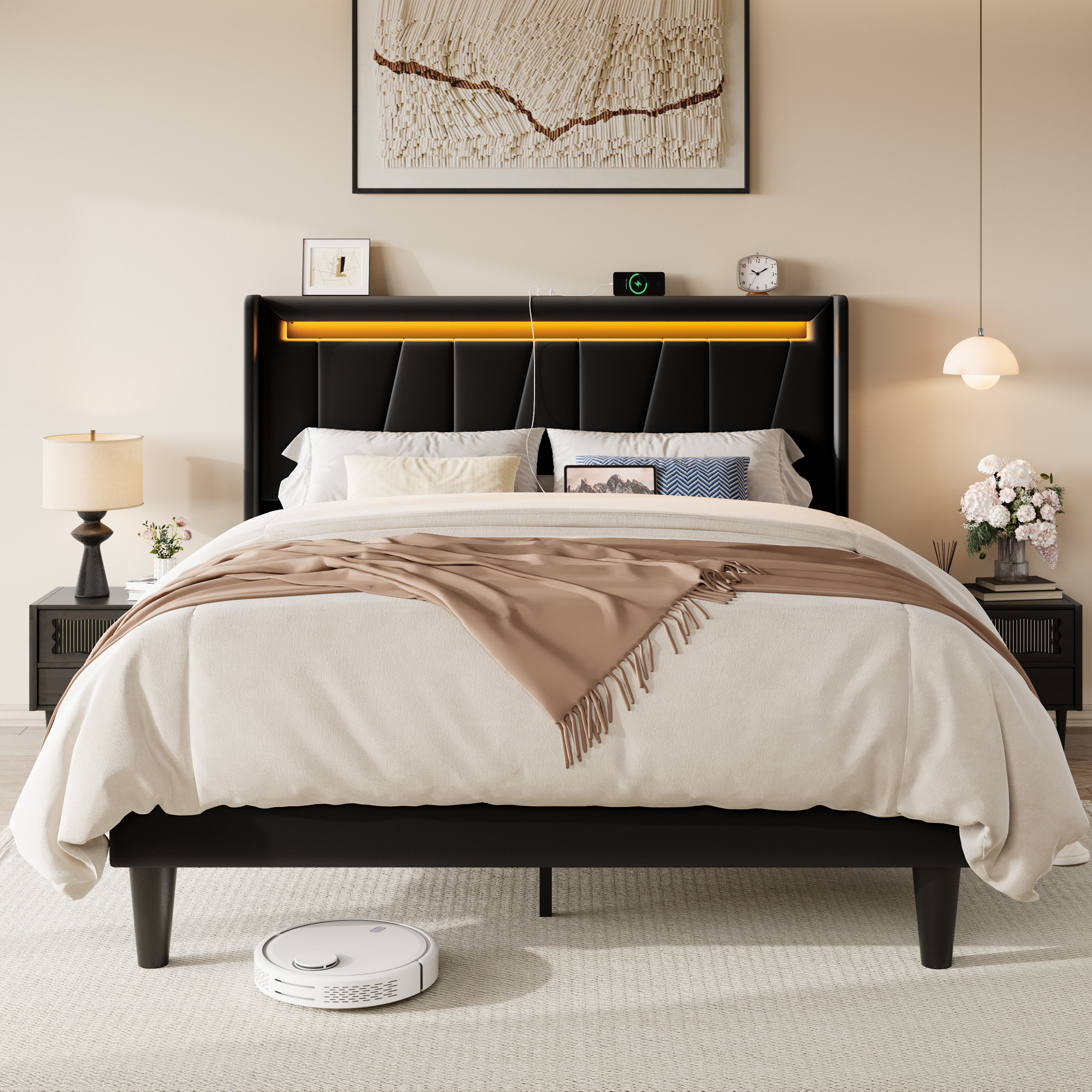 Allewie Full Size LED Bed Frame with Charging Station, Velvet Upholstered Platform Bed with Geometric Wingback Headboard, Black