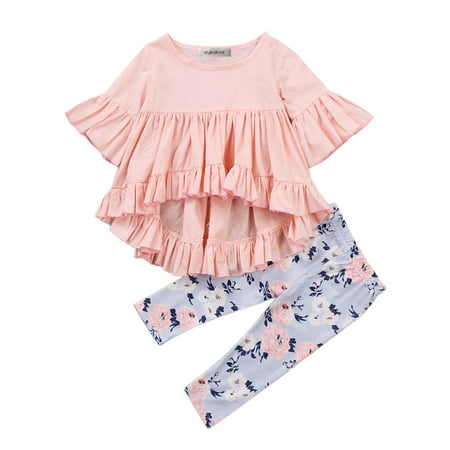 StylesILove Sweet Baby Girl Ruffles Blouse Top and Floral Print Legging Pants 2 pcs Outfit Set (100/2-3