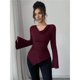 thumbnail image 4 of Camisetas de Punto Acanalado con Cuello Vuelto y Larga para Mujer, Tops Ajustados Fruncidos para Salir, Camisetas Básicas para Otoño Vino Tinto XL, 4 of 8