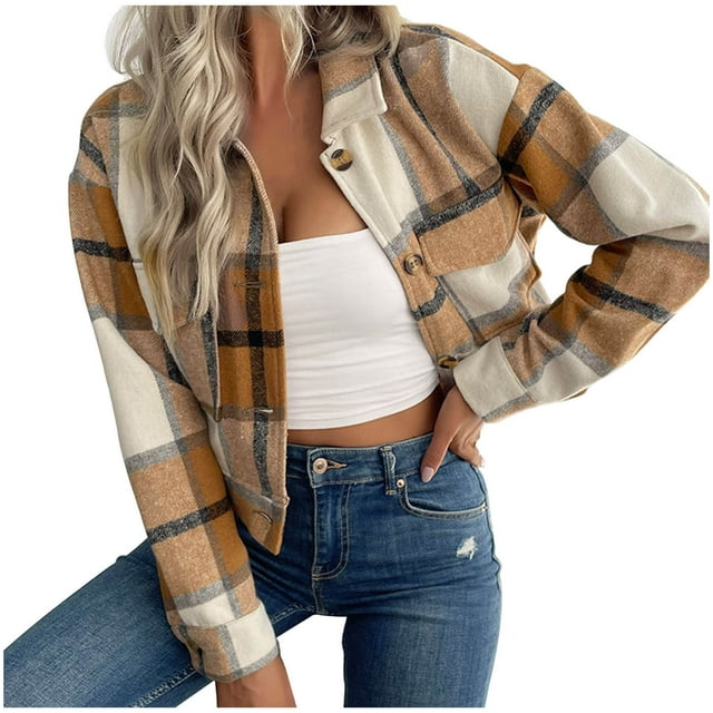 AherBiu Flannel Jackets for Women Plaid Cropped Shackets Button down Lapel Fall Spring Clothes