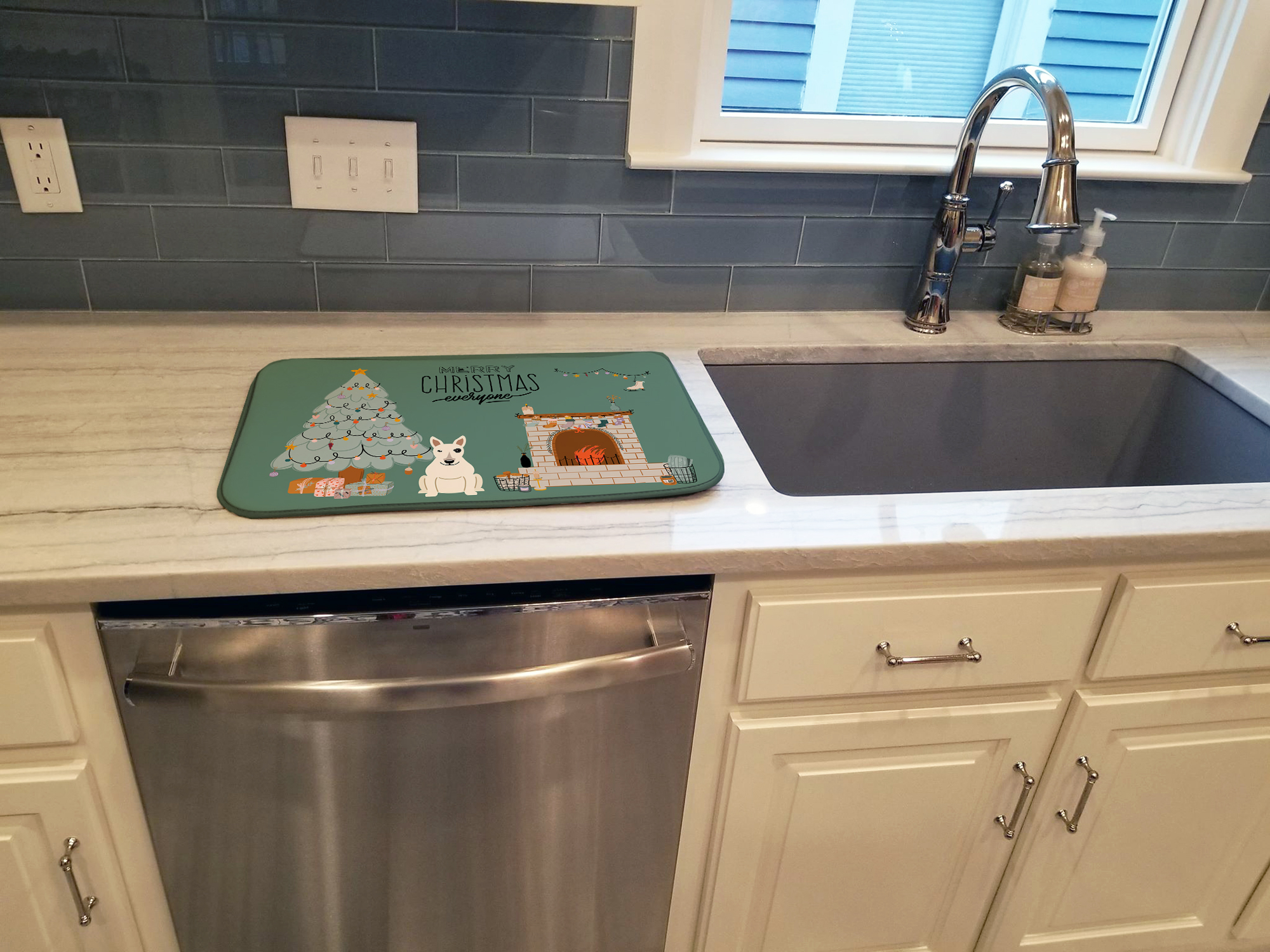 White Bull Terrier Christmas Everyone Dish Drying Mat