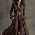 thumbnail image 4 of qucoqpe Plaid Maxi Dress for Women Fashion Vintage Lapel Long Sleeve Boho Dresses Loose Casual Buttons Belt Long Dress, 4 of 7
