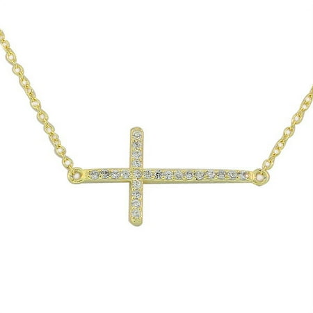 925 Sterling Two-Tone Sideways Cross White CZ Pendant Necklace