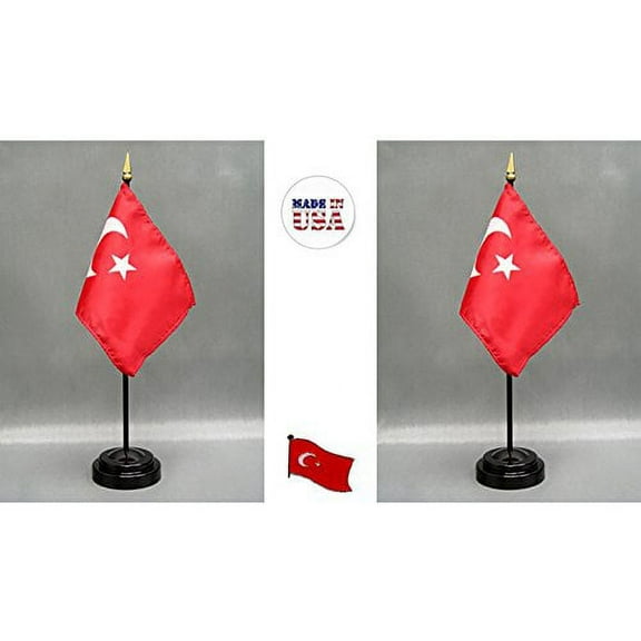 Made in The USA. 2 Turkey 4"x6" Miniature Office Desk & Little Hand Waving Table Flags, Includes 2 Flag Stands & 2 Small Mini Turkish Stick Flags, Plus 1 Turkey Flag Lapel Pin