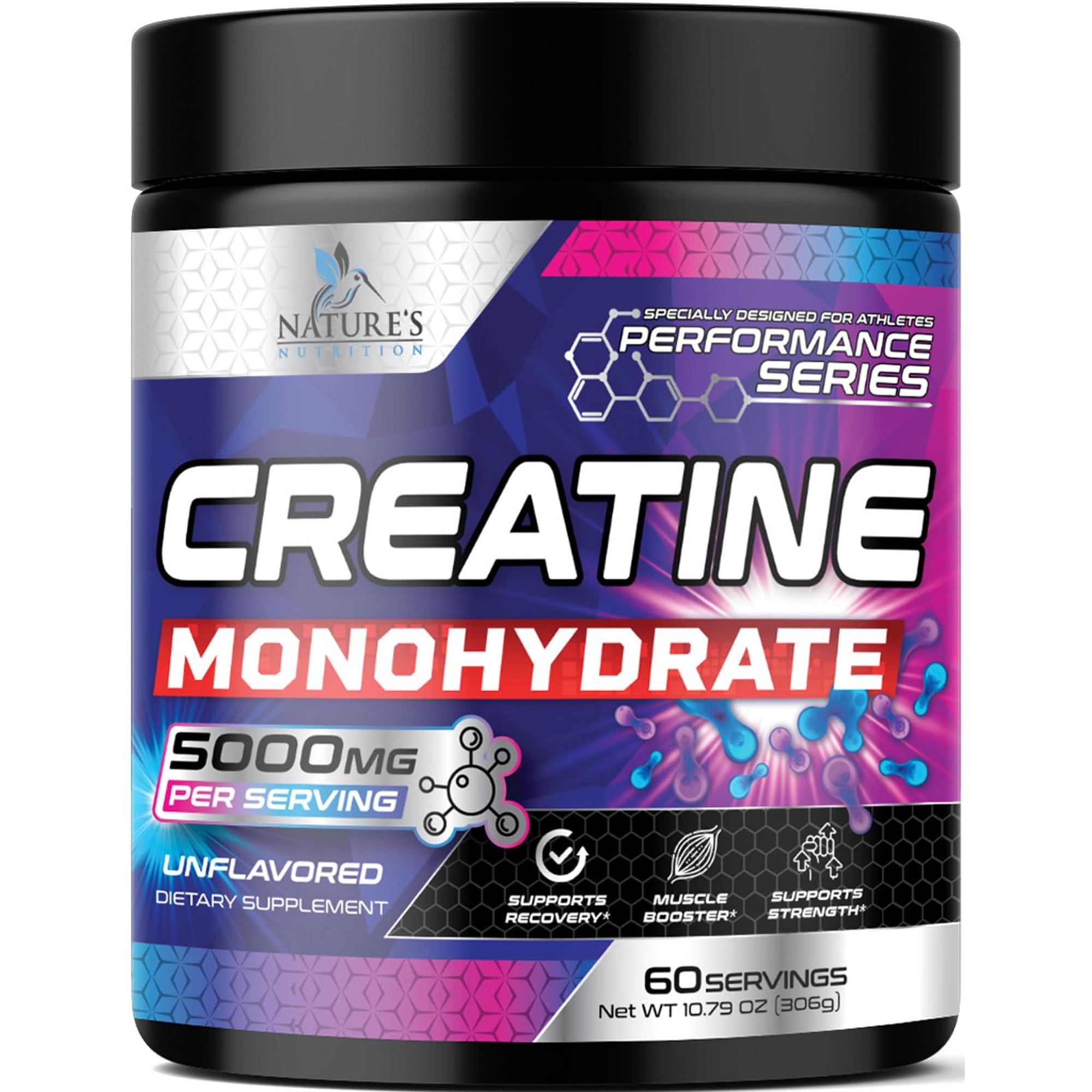 Creatine Monohydrate Micronized 5000mg - Performance Powder Creatine Nutritional Supplement - For Muscle Strength, Growth & Energy Support, Unflavored Monohydrate Powder, USA Bottled - 60 Servings