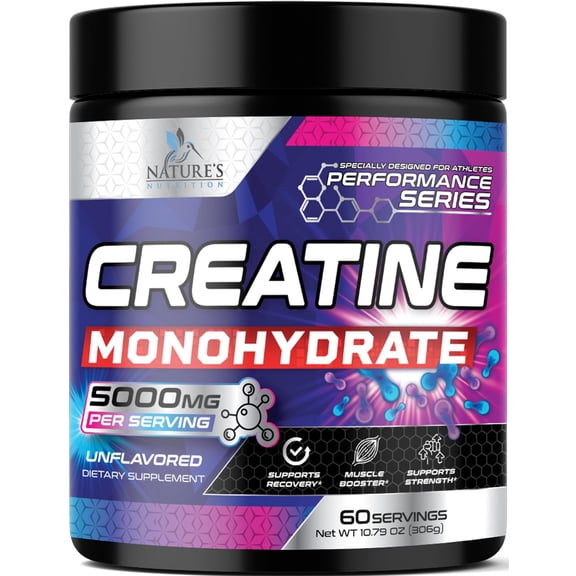 Creatine Monohydrate Powder 5000mg - Best Performance Micronized Creatine Nutritional Supplement - For Muscle Strength & Energy Support, Unflavored Monohydrate Powder, Bottled in USA - 60 Servings