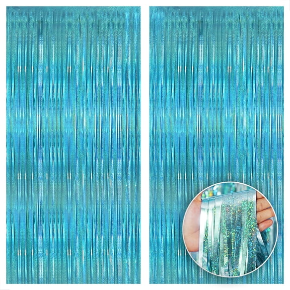 KatchOn, Iridescent Blue Foil Fringe Curtain - 3.2x8 Feet Pack of 2 | Blue Tinsel Backdrop, Blue Streamer | Ocean Backdrop Ocean Theme Birthday Party Decorations