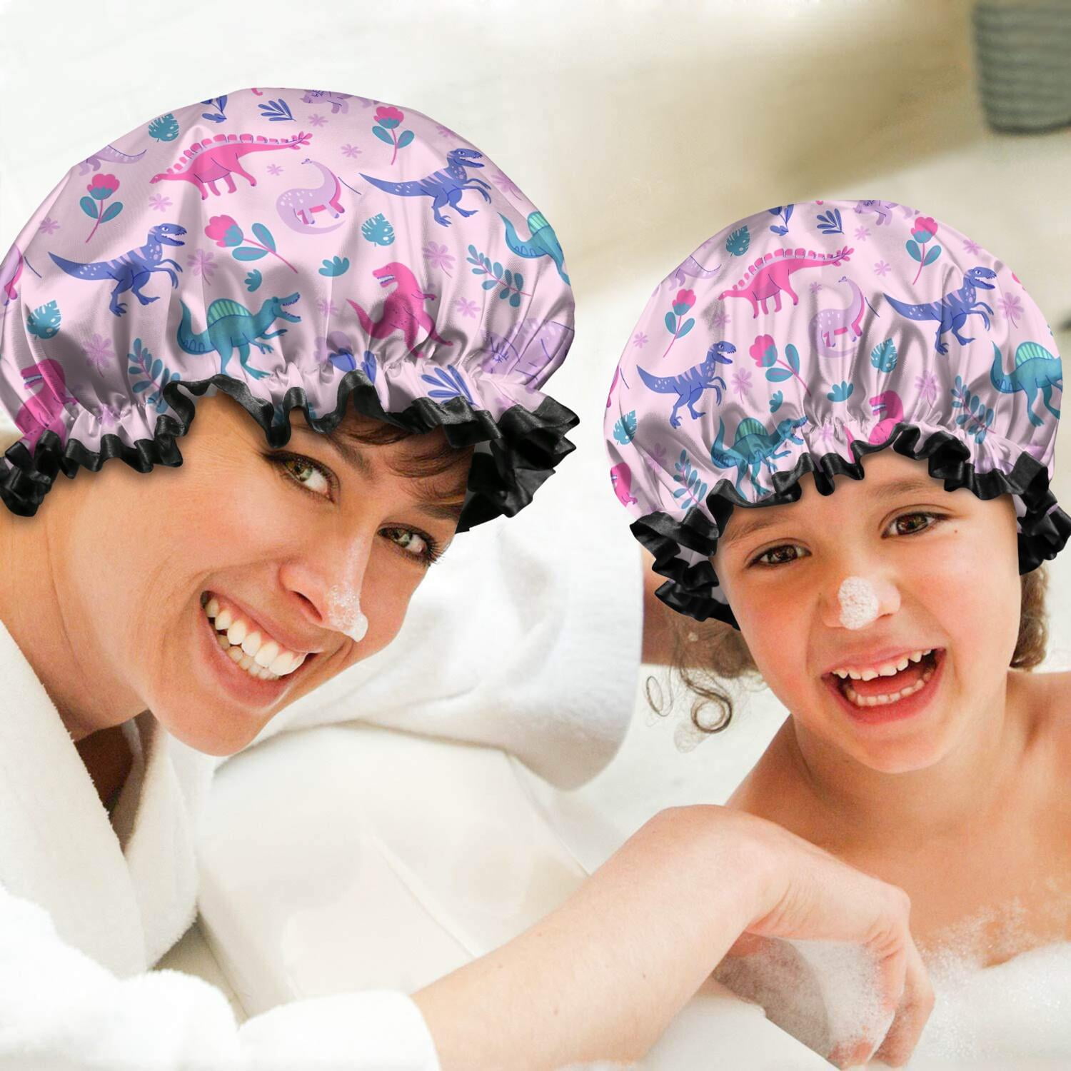 Shower Caps,Pink Dinosaurs Flowers Leaves Pattern Waterproof Shower Cap for Women 4 Pieces,Double Reusable Hair Cover for Shower PEVA Elastic Stretch Hem