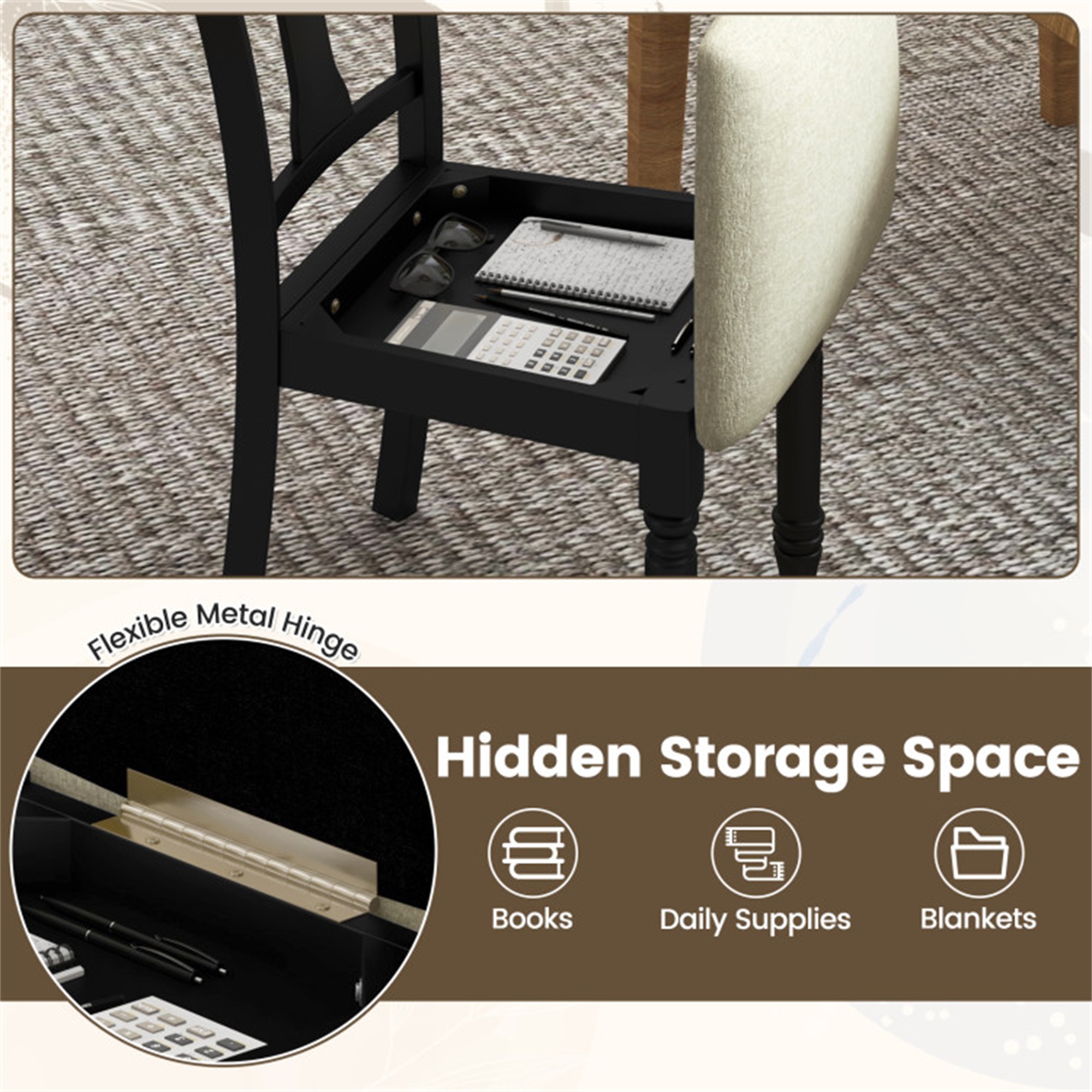 Demi Bonn Kitchen Dining Chair with Linen Fabric Padded and Storage Space, Black