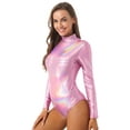thumbnail image 2 of YONGHS Women's Shiny Metallic Long Sleeve Leotards Faux Leather Turtleneck Bodysuit Dance Costume Pink XXL, 2 of 7