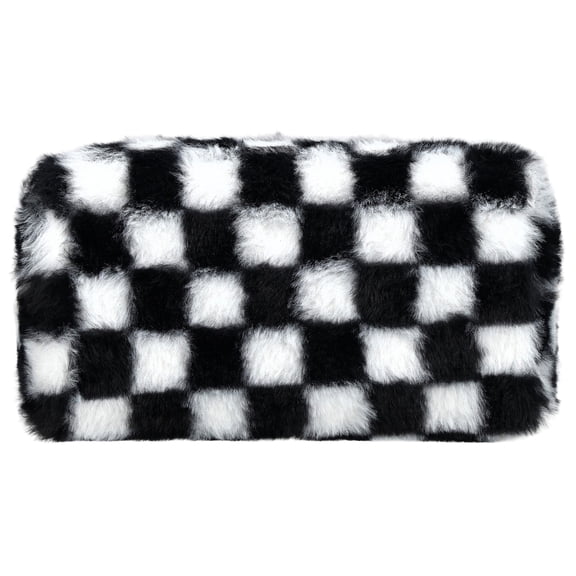 Pen+Gear Plush Checkered Pencil Pouch, Black and White