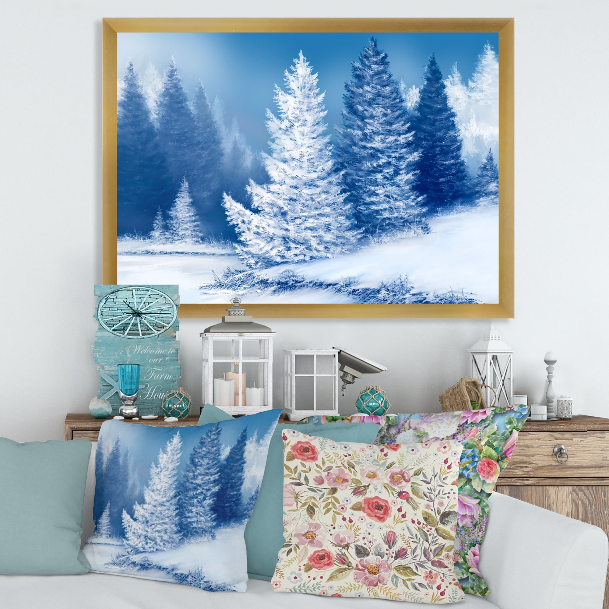 Designart 'Snow Covered Trees With Dreamlike Spruce Forest' Lake House Framed Art Print