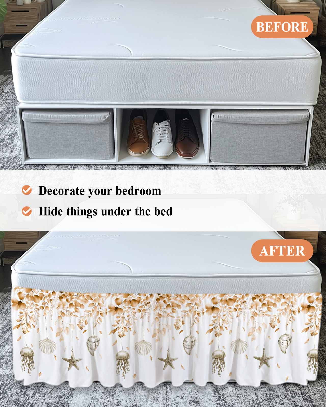 Orange Coastal Wrap Around Bed Skirts for California King Bed 16" Drop,Bed Skirt with Adjustable Elastic Belt Dust Ruffle Bed Valance Summer Eucalyptus Leaves Beach Ocean Starfish Bed Frame Cover
