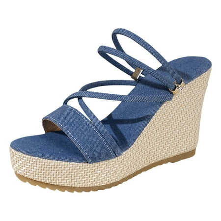

Jungdeepe Ladies Summer Casual Solid Colour Denim Beach Rome Large Size Slope Heel High Heel Thick Bottom Sandals Slippers