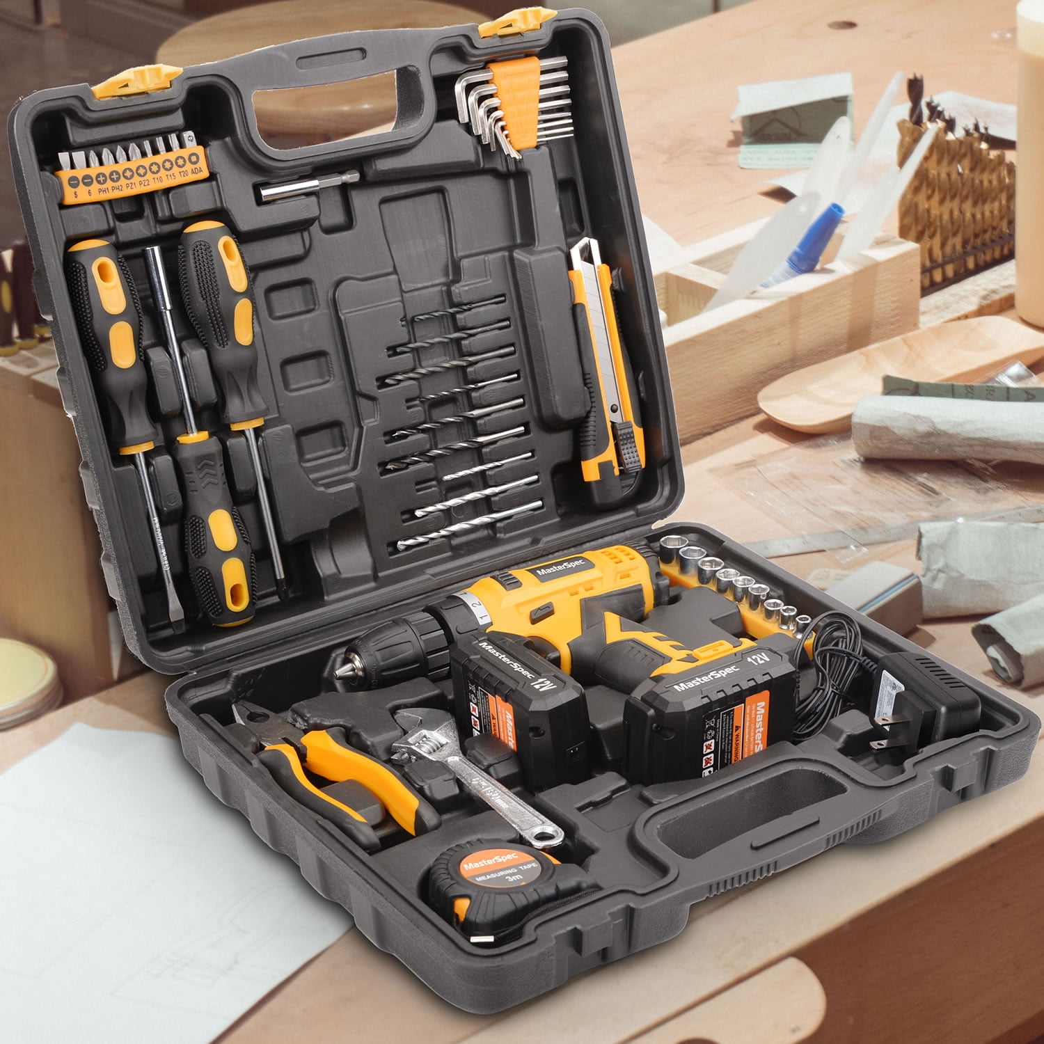 MasterSpec 12V Cordless Drill Driver Kit with 2 Batteries, 47PCS Household Hand Tools, 18+1 Settings for Complete DIY Home Repair and Furniture Assembly Projects