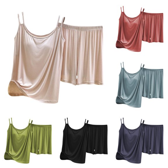 Wxolcjlv Cami Short Outfit Set for Women Sleeveless Tank Elastic Waist Loungewear Pajama Set