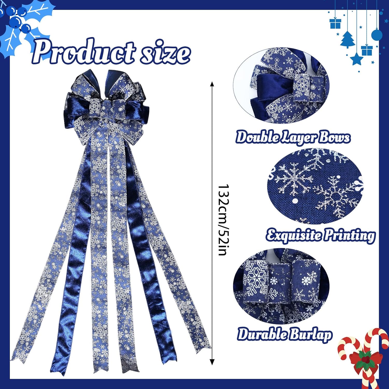 Large Christmas Tree Topper Bow 52x13 Inch, Pre-Tied Wired Ribbon Wreath Bows, Xmas Ornaments with Long Wired Edge Streamer for Holiday Thanksgiving Indoor Outdoor Party Decoration (Navy Blue)