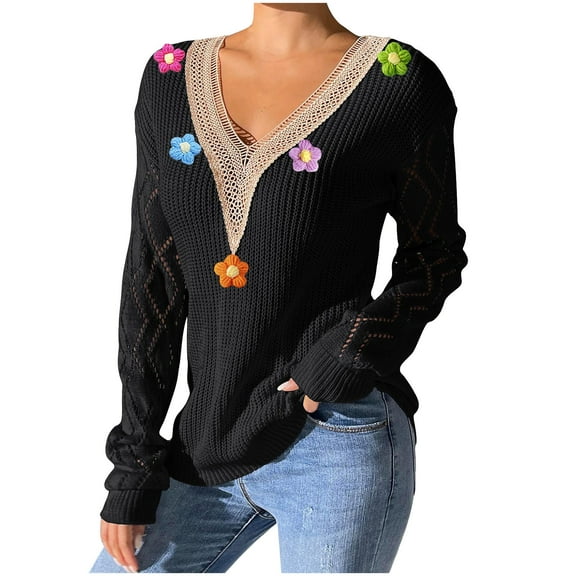 Women's Bottoming Sweaters Winter Warm Long Sleeve V Neck Knitted Slim Sweater Fashion Floral Print Blouses Loose Casual Pullover Sweater Tops