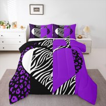 Homewish Cheetah Leopard Print Queen Comforter Set for Girl, Black Purple Love Heart Bedding Sets, Stripes Abstract Reversible Bedding Comforter Set, Super Cozy Room Decor, 3-Piece