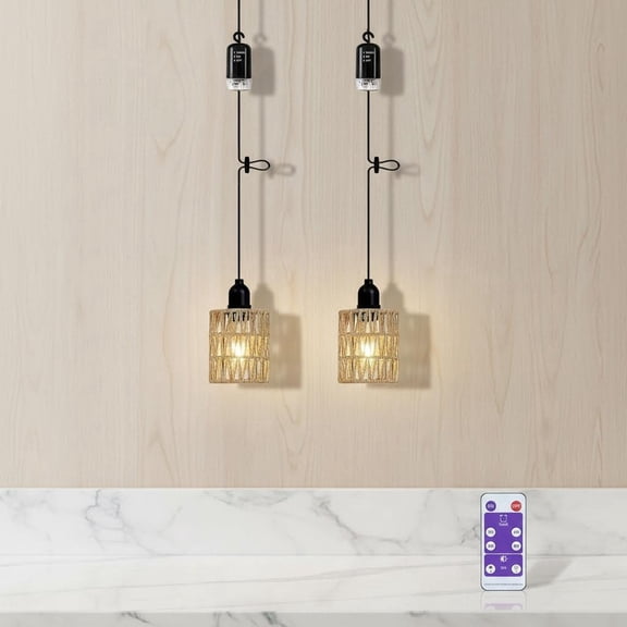 Battery Operated Pendant Light Outdoor Chandelier for Gazebo Hanging Lamp with LED Bulb Rattan Shade Waterproof Lantern for Porch Patio Backyard Bedroom Kitchen Home Decor