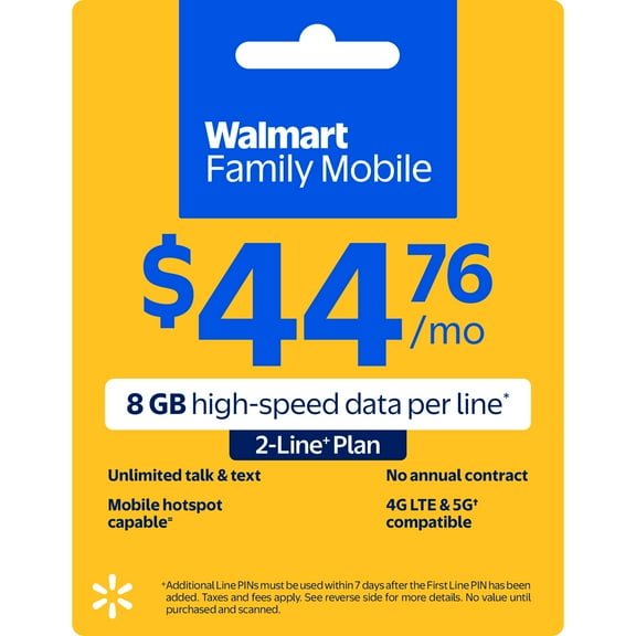 Walmart Family Mobile $44.76 Unlimited Talk & Text 2-Line Monthly Prepaid Plan (8 GB data at High Speed, then 2G*) e-PIN Top Up (Email Delivery)