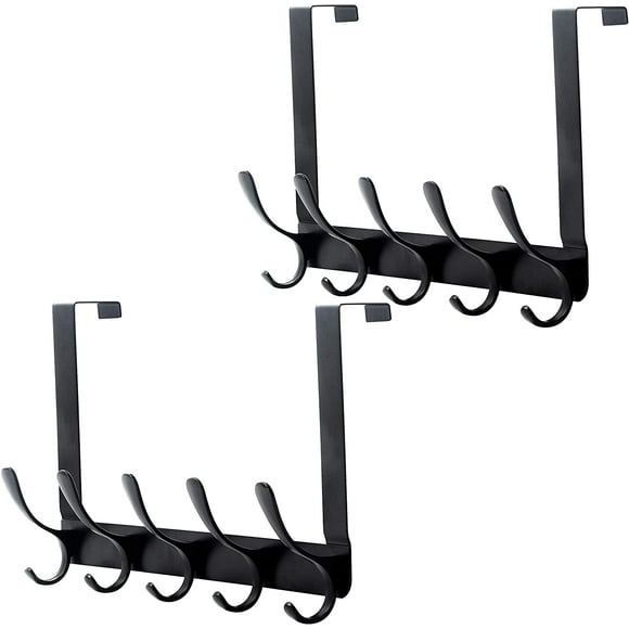 Over The Door Rack, 5 Door Hanger Hooks for Clothes Towels Coat, Over The Door Coat Rack (2 Pack, Black)