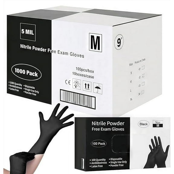 GREVO Disposable Black Nitrile Gloves 1000 Pcs - (size M) 5 MIL - Latex & Powder Free Chemical Resistant Food Safe & Durable (Medium)