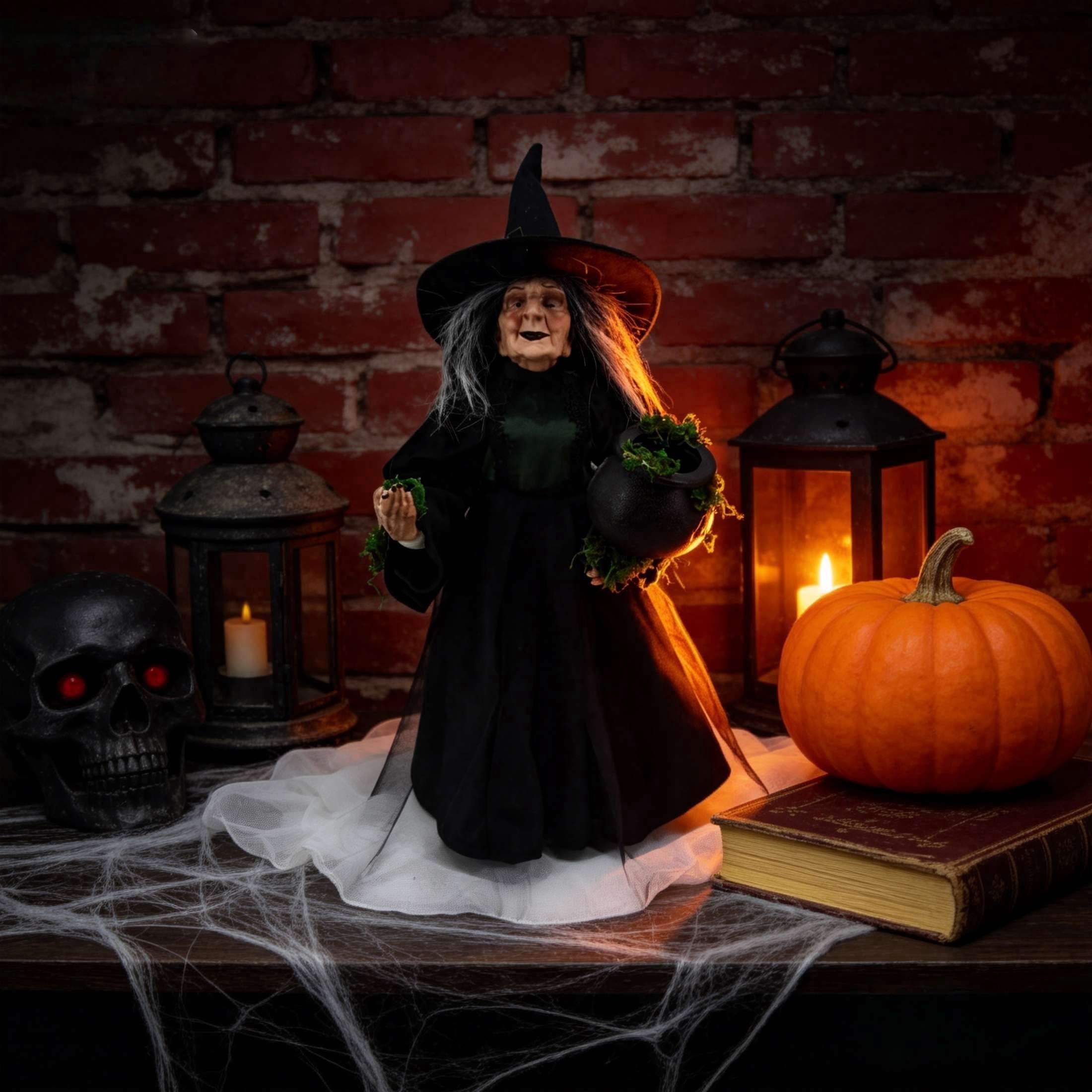 Fabric Witch Figurine with Moss Cauldron Decoration, Black, 17.6", Halloween by Way To Celebrate