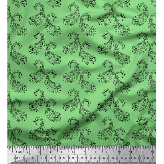 Soimoi Green Cotton Cambric Fabric Black Sketch Floral & Paisley Fabric Prints by Yard 42 Inch Wide