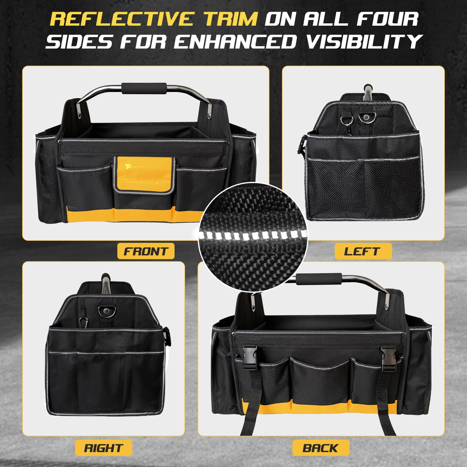 18" Heavy Duty Tool Bag, Open Top Tool Tote for Electricians, 30 Pockets, 1680D Oxford Fabric, Foldable with Rotating Handle, Reflective Tool Bag, Yellow