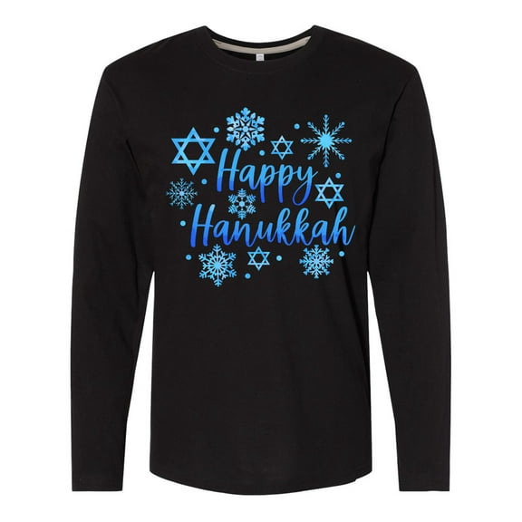 Inktastic Happy Hanukkah Blue Stars of David and Snowflakes Long Sleeve T-Shirt